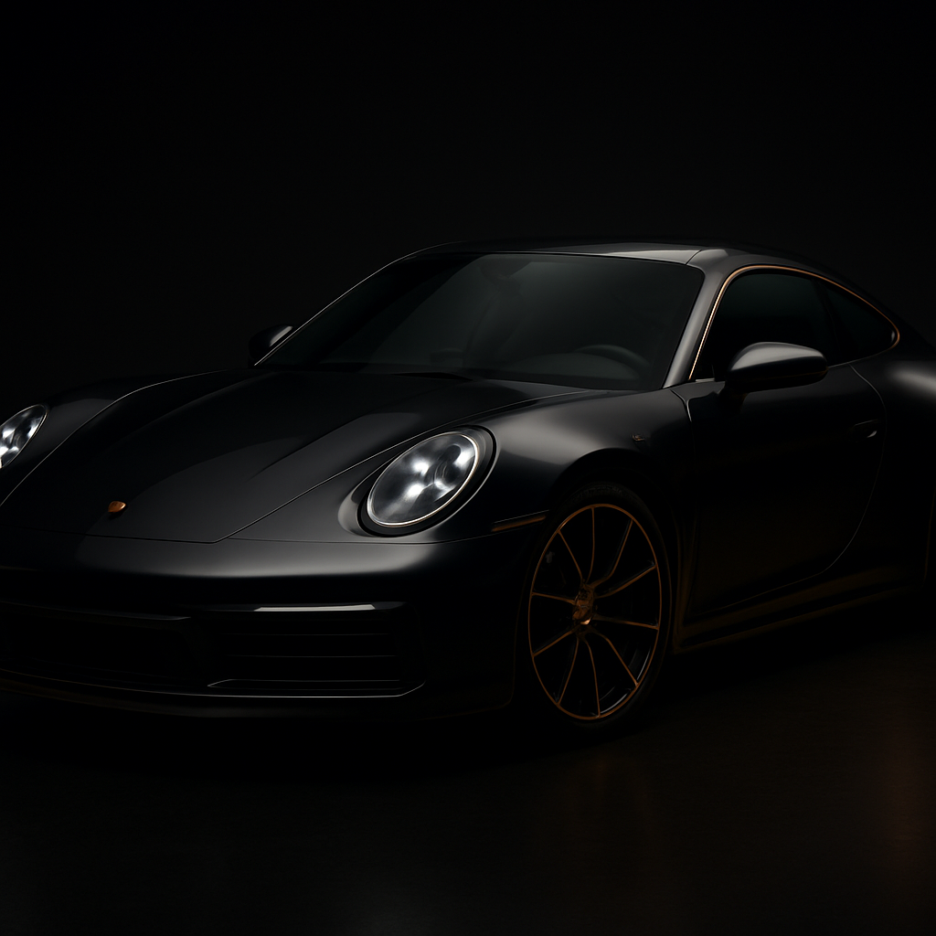 Luxury sports car inspired by Porsche 911 in graphite black with gold accents